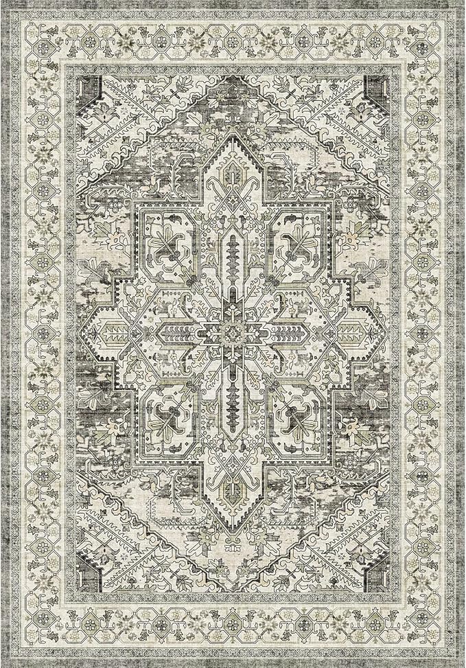 WITSHOCK Living Room Area Rugs 3x5: Washable Rug Boho Soft Non-Slip Low Pile Stain Resistant Foldable Carpet for Bedroom Playroom Dining Room Office Kitchen Farmhouse Home Decor Rug-Brown/Lvory