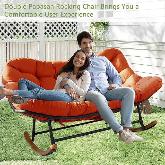 Double Papasan Rocking Chair Outdoor & Indoor, 660LBS Capacity Oversized Patio Rocking Chair for 2-Person with Thick Cushion and Frame, Egg Rocking Chair for Garden, Deck, Living Room, Red