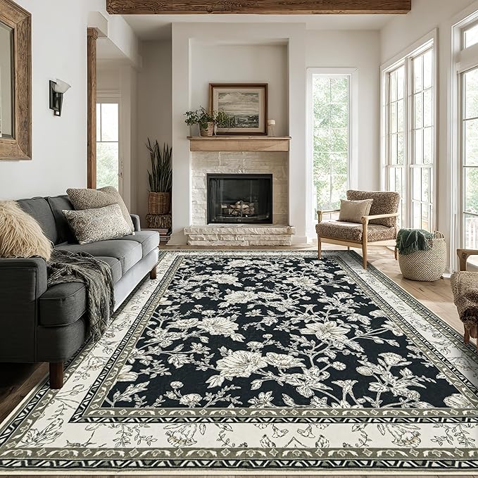 Black Floral 8x10 Area Rugs for Living Room, Cream Beige Taupe Sketch Pattern Bedroom Rug Boho Low Pile Dining Room Washable Carpet 8x10, Vintage Soft Indoor Non-Slip Floor Covering Nursery Playroom