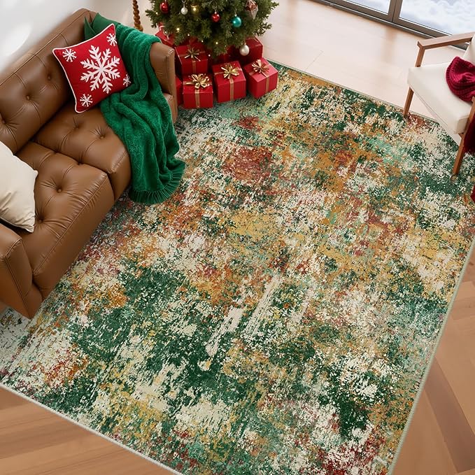 Washable Area Rugs 6'x9' Non-Slip Modern Abstract Soft for Living Room Entryway Bedroom Nursery, Print Pattern, Green Orange Rust Red Cream Colorful