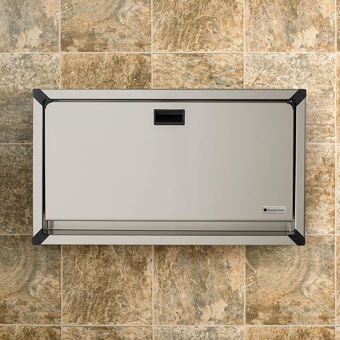 Foundations Horizontal Baby Diaper Changing Station Wall Mounted, Stainless Steel Shell with Polyethylene Changing Table, Adjustable Safety Belt (100SSC-SM)