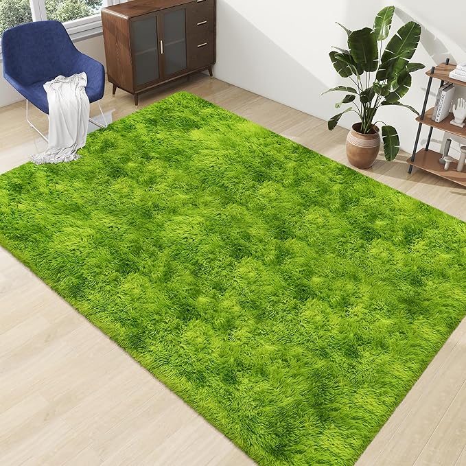Tie Dyed Grass Green Shag Rug 5x8, Soft Plush Green Fluffy Rug Large Fuzzy Area Carpet for Living Room Bedroom Dorm Nursery Furry Indoor Floor Rug for Kids Girls Boys Home Decor Aesthetic