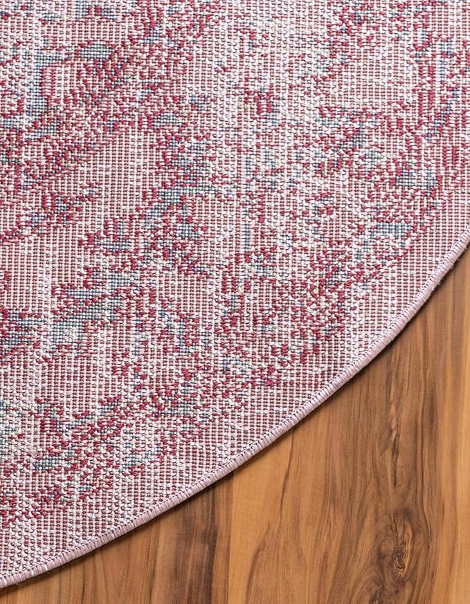 Rugs.com Charleston Collection Rug – 5 Ft Round Pink Low-Pile Rug Perfect for Kitchens, Dining Rooms