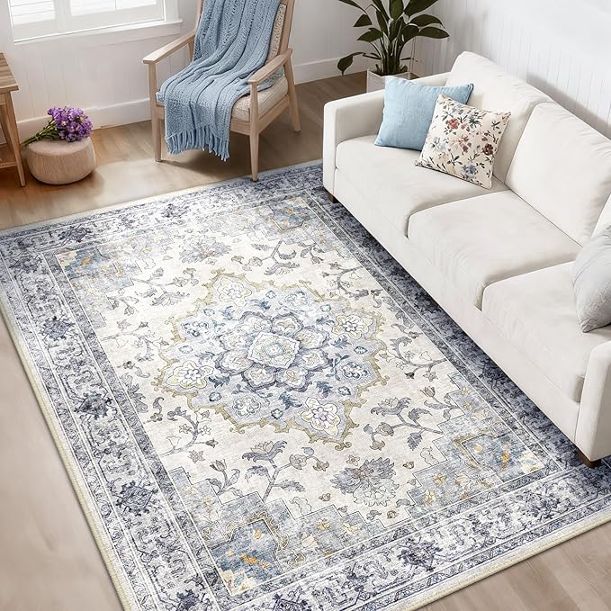 Machine Washable Rugs Nursery Rug 6x9 Cute Girl Non Slip Low Pile Water Repellent Soft Print Pattern for Bedroom Indoor Decor Kids Playroom Bluewhite