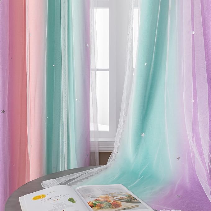 XiDi Curtains for Nursery Girls Bedroom Decor 84 Inches Long, Full Blackout for Kids Princess Room, Colorful Rainbow Design, Unicorn Wall Decor Ombre Curtains, Pink/Purple/Green, W34 X L84 2 Panels