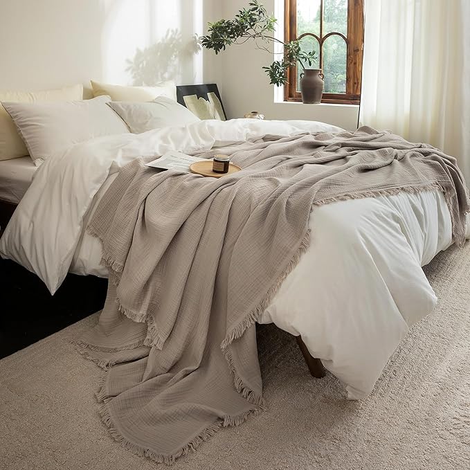 FOSSA Muslin Blanket with Fringe - 4-Layer 100% Cotton Gauze Super Soft & Breathable Throw -Lightweight Decorative Cooling Blanket for Bed, Sofa, Office -Oversize Queen Size 98" × 98" (Beige Gray)