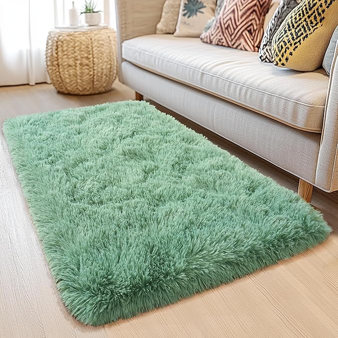 Sage Rug - 2x6' Runner Non-Slip Height Pile 1.4" Plush Rug Rubber Back - Throw Carpets for Bedroom - Sage Green