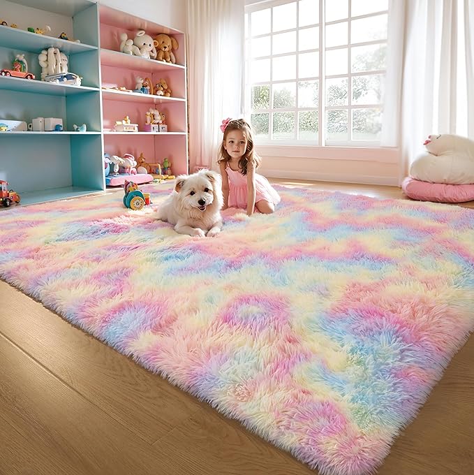 KCHOWUA Fluffy Fuzzy Unicorn Rugs for Girls Bedroom,3x5 Washable Non Slip Shag Shaggy Area Rug for Living Room,Princess Kids Toddler Boys Nursery Dorm Room Classroom Carpets,Rainbow