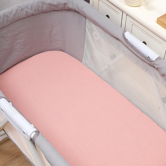 Onacosht Muslin Bassinet Sheets 3 Pack, 100% Cotton Baby Sheet 35" X 20" Compatiable with AMKE 3 in 1 Bassinets, MiClassic, Uiuwoo, Foalom, YADAQE, Milliard and TCBunny Bassinet, Pink and Feather