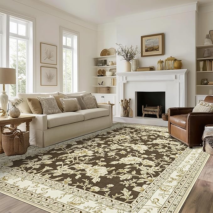 Brown Floral Print Area Rugs for Bedroom Living Room Boho Farmhouse Country Rustic Dining Room Carpet Soft Washable Rugs Non Slip Floor Covering for Nursery Playroom 10x12