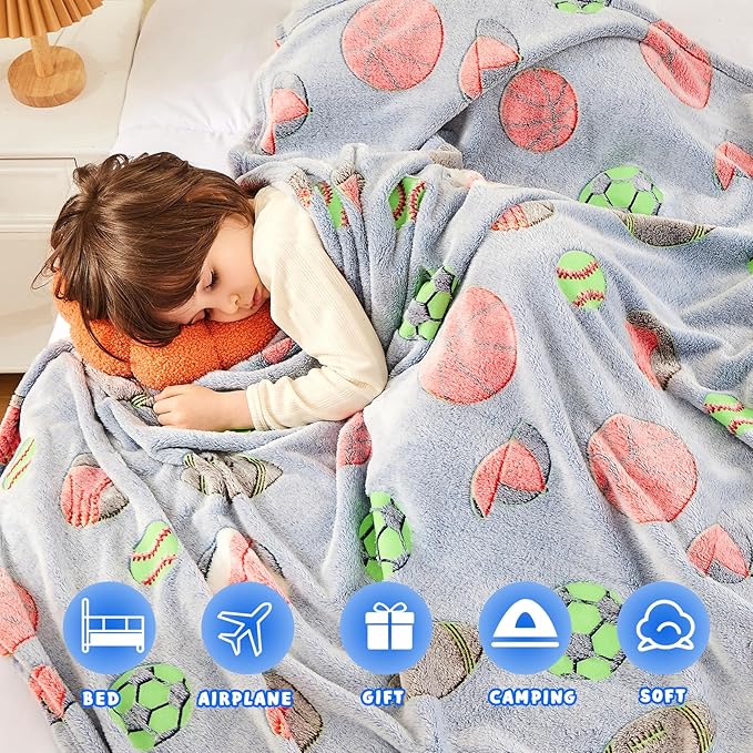 inhand Soccer Glow in The Dark Blanket Blanket Blue Soccer Gift Toys for Boys Girls Teen Soft Cozy Kids Throw Blanket Bedroom Decor,Christmas Easter Birthday Blue 30"x40"