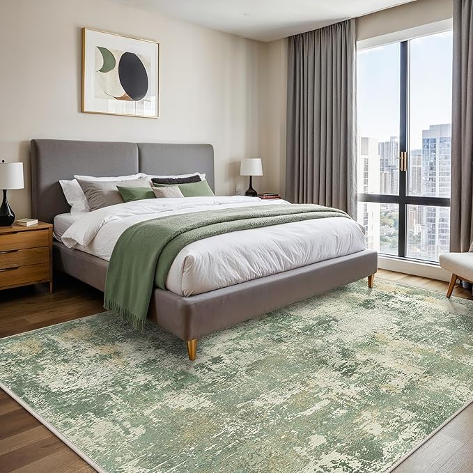 GENIMO 6x9 Area Rugs for Living Room, Machine Washable Rug Non Slip, Low Pile Ultra-Thin Lightweight Large Carpet, Abstract Modern Rugs for Bedroom, Dining Room, Office, Nursery, Olive Green