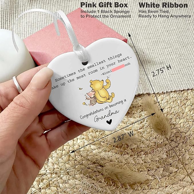 Heart Shaped Christmas Ornament-New Grandma Gift-Promoted to Nana Baby Shower Pregnancy Reveal Keepsake-Ceramic Decor Sometimes The Smallest Things