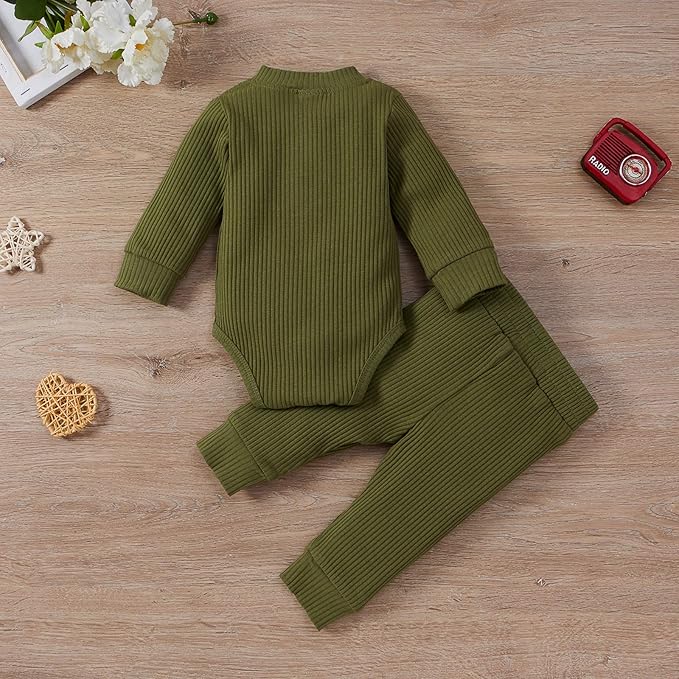 Newborn Baby Boy Girl Clothes Ribbed Knitted Cotton Long Sleeve Romper Long Pants Solid Color Fall Winter Outfits