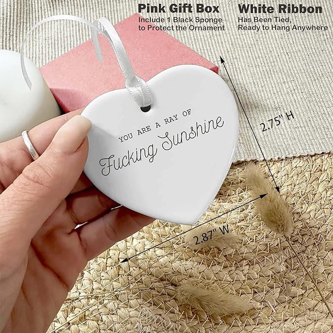Heart Shaped Christmas Ornament-You are a Ray of Sunshine Funny Inspirational Quotes Positive Motivational Encouragement Gift for Women Ceramic Keepsake Decor