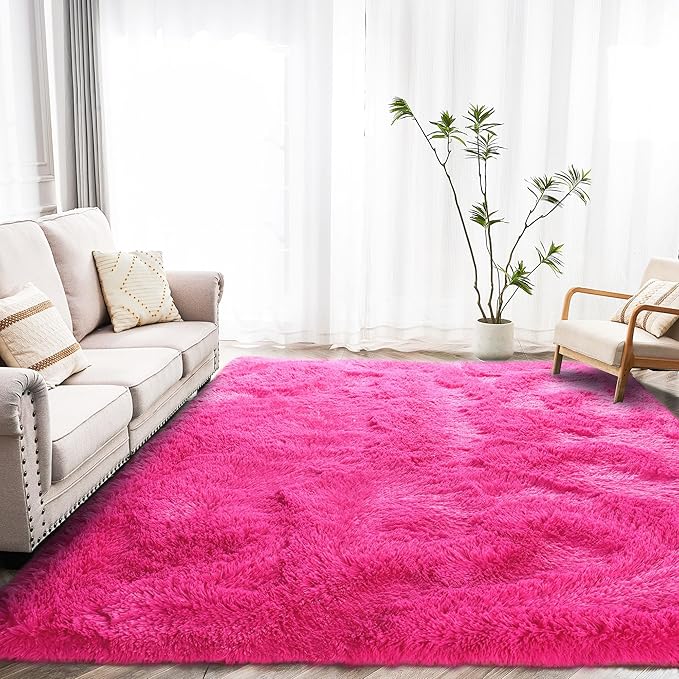 Fluffy Area Rug 9x12 Living Room, Hot Pink Rugs for Bedroom Girls, Extra Large Rug Big Carpet 9 by 12 Fuschia