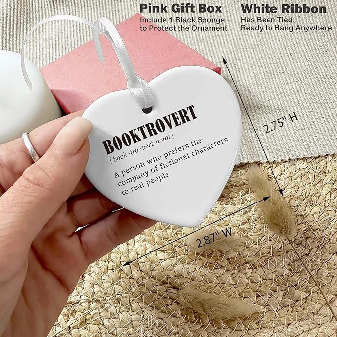 Heart Shaped Christmas Ornament-Booktrovert Definition Gift-Book Lover Reader Librarian Bookworm Nerd Decor-Personalized Reading Enthusiast Keepsake with Box