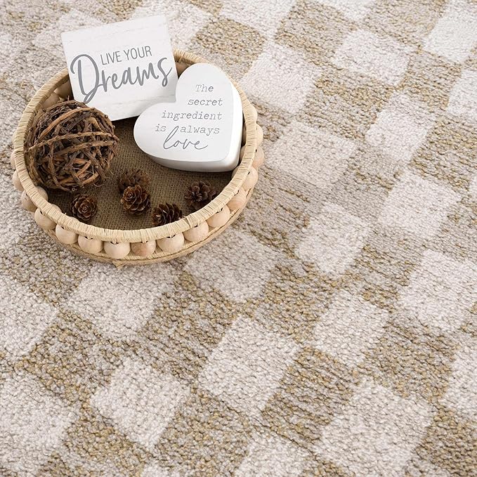 Hauteloom Pertek Modern Checkered Runner Rug - Modern Geometric Carpet for Hallway, Kids Room, Nursery - Bohemian Boho Carpet - Cream, Gold - 2'7" x 10'