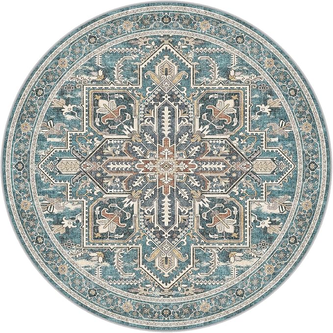 WITSHOCK 6Ft Teal Round Washable Area Rugs - Vintage Boho Distressed Oriental Farmhouse - Non Slip Low Pile Circle Carpet for Living Room Bedroom Kitchen Dining Room, Foldable Soft Pet Friendly Rug