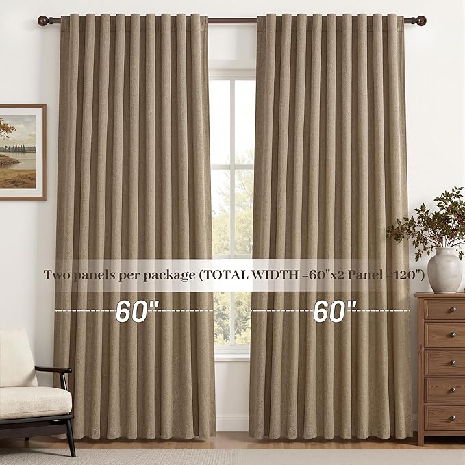Rust Brown Blackout Curtains 60 Inches Extra Wide Linen 84 Inch Length for Living Room, Pleated Farmhouse Bedroom Chocolate Thermal Drapes for Winter Thick Large Window 60"W x 84"L 2 Panels