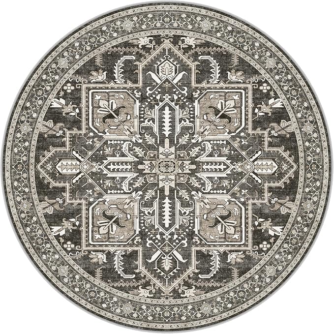 WITSHOCK Round Area Rug 8Ft: Washable Non-Slip Low Pile Large Circle Carpet, Foldable Boho Style Rug for Living Room Bedroom Dining Room Kitchen Nursery Home Office – Pet Kid Safe – Bitter Black