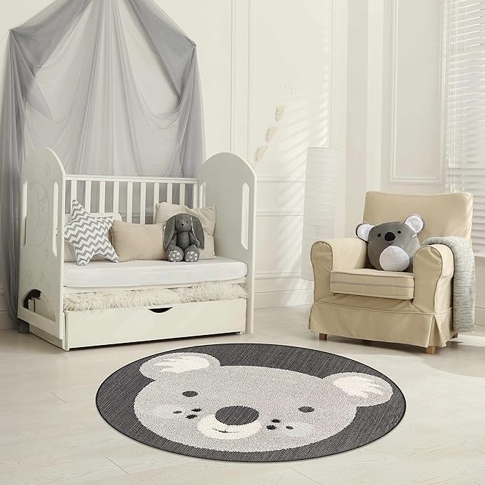 Hauteloom Kids Room, Nursery Round Area Rug - Outdoor Patio Safe - Animal Koala Playroom Carpet - Gray, Black, Cream - 7'10"