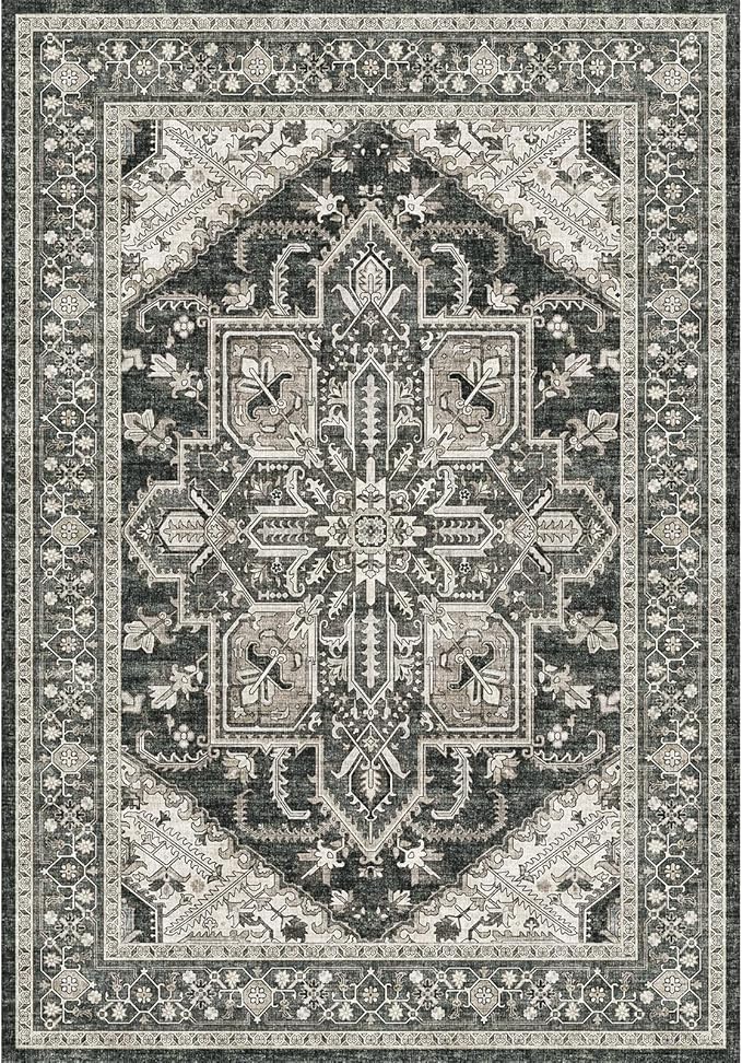 WITSHOCK Living Room Area Rugs 6x9: Washable Rug Boho Soft Non-Slip Low Pile Stain Resistant Foldable Carpet for Bedroom Playroom Dining Room Office Kitchen Farmhouse Home Decor Rug-Bitter Black