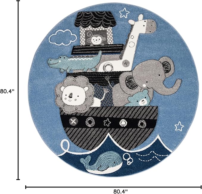 SAFAVIEH Carousel Kids Collection Area Rug - 6'7" Round, Blue & Grey, Animal Design, Non-Shedding & Easy Care, Ideal for High Traffic Areas for Boys & Girls in Playroom, Nursery, Bedroom (CRK121B)