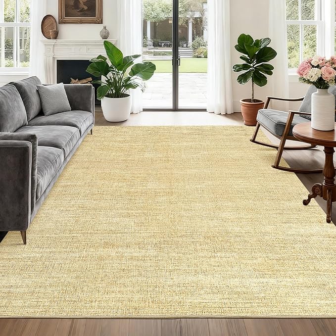 5x7 Washable Rugs Non Slip Minimalist Area Rug for Bedroom Soft Low Pile Solid Color Large Bedroom Throw Carpet Stain Resistant Classic Neutral Area Rug Plain Boho Rugs for Kitchen Nursery, Tan 5'x7'