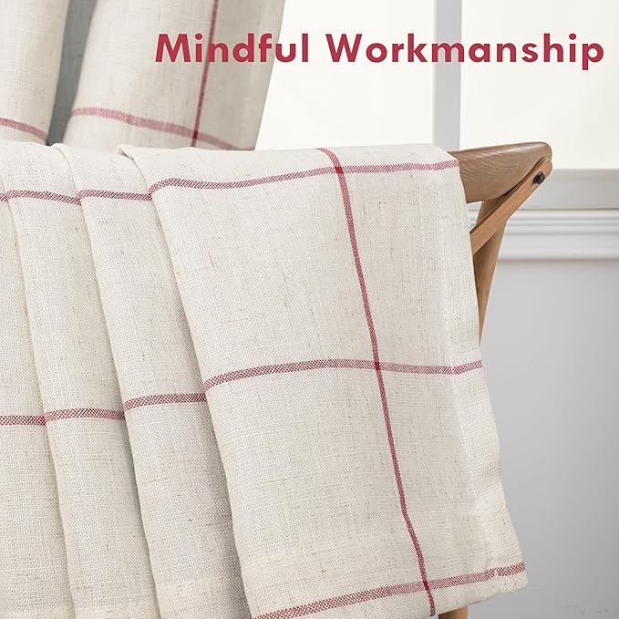 DriftAway 2 Panels 100% Blackout Windowpane Plaid Linen Curtains Double Layer Drapes for Bedroom 63 Inches Long Farmhouse Thermal Insulated 3.25 Inch Rod Pocket Back Tab for Living Room Red