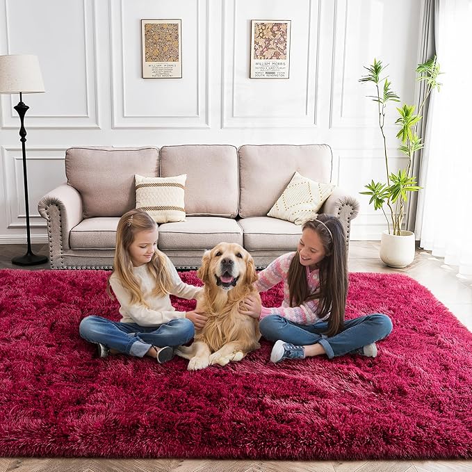 4x6 Rug - Non-Slip Rugs for Living Room - Height Pile 1.4" Plush Rug - Fluffy Throw Carpet for Bedroom - Burgundy