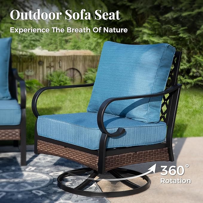 Patio Swivel Chairs Set of 2, Outdoor Sofa Chairs with Deep Seating and 5.75" Cushions, Steel Frame Porch Furniture for Lawn Backyard Deck, Peacock Blue