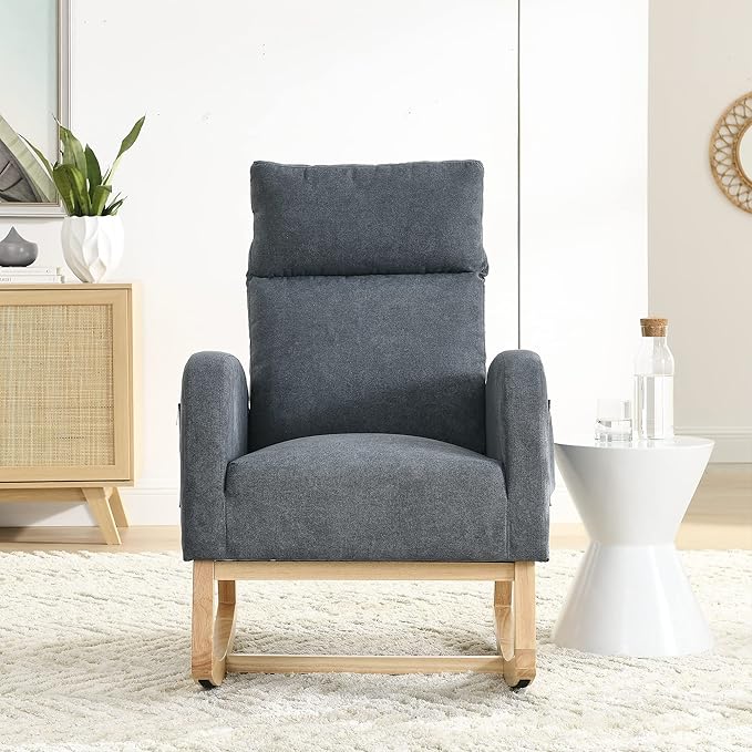 Nursery Rocking Chair with Solid Wood Legs, Glider Chair for Nursery with Two Side Pockets, Rocker Armchair for Living Room Bedroom (Dark Grey, Linen Fabric)