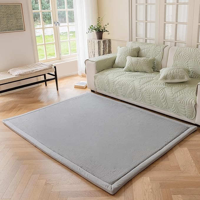 Loartee Faux Rabbit Fur Rug - 1.18" Thick Soft Fluffy Area Rug, Non-Slip Memory Foam Crawling Mat, Light Gray, 78"x94"