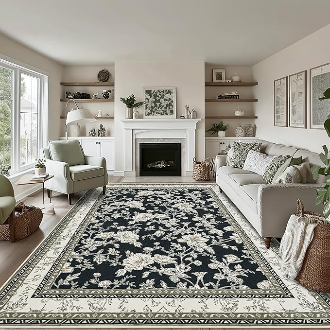 Black Floral Area Rugs 6x9 Living Room, Black with Cream Beige Taupe Flower Design Low-Pile Washable Rugs for Bedroom Dining Room, Vintage Modern Farmhouse Boho Indoor Floor Carpet Kids Playroom