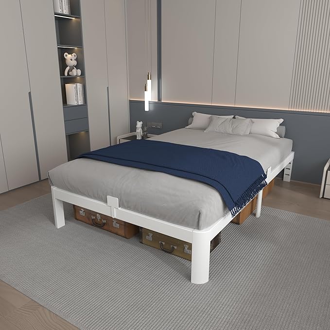White 10 Inch Twin Bed Frames, Metal Bed Frame Twin Size with Anti-Slip Baffles, No Box Spring Needed, Rounded Corner Legs, Heavy Duty Steel Platform Support, Noise Free, Storage Space