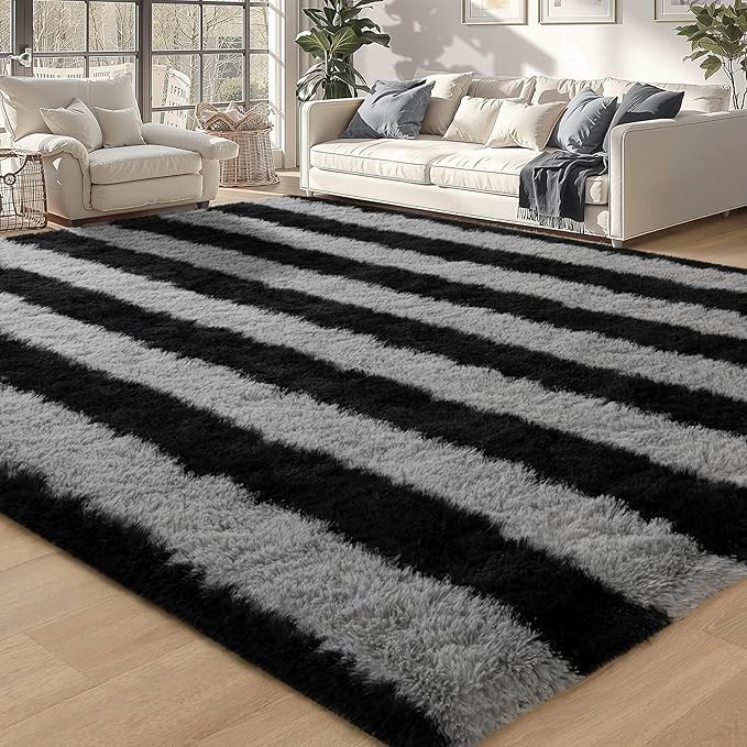 Meralax Area Rugs for Living Room Bedroom, Machine Washable 5x8 Feet Soft Fluffy Shaggy Rug, Grey and Black Stripe Indoor Floor Carpet for Boys, Dorms, Nursery Rooms, Home Decor Aesthetic