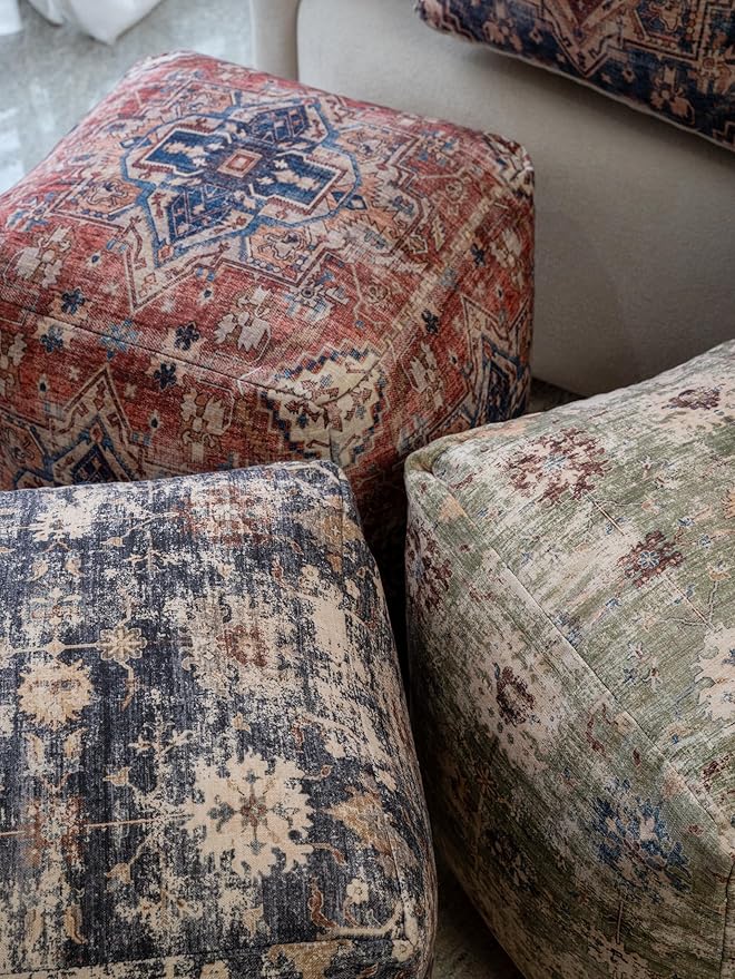 LR Home Grace Vintage Floral Sage Green Square Indoor Medium Pouf Ottoman | Power-Loomed Polyester Pouf Foot Rest for Bedroom & Living Room Decor | 18 x 18 x 18 Stuffed Ottoman for Seating