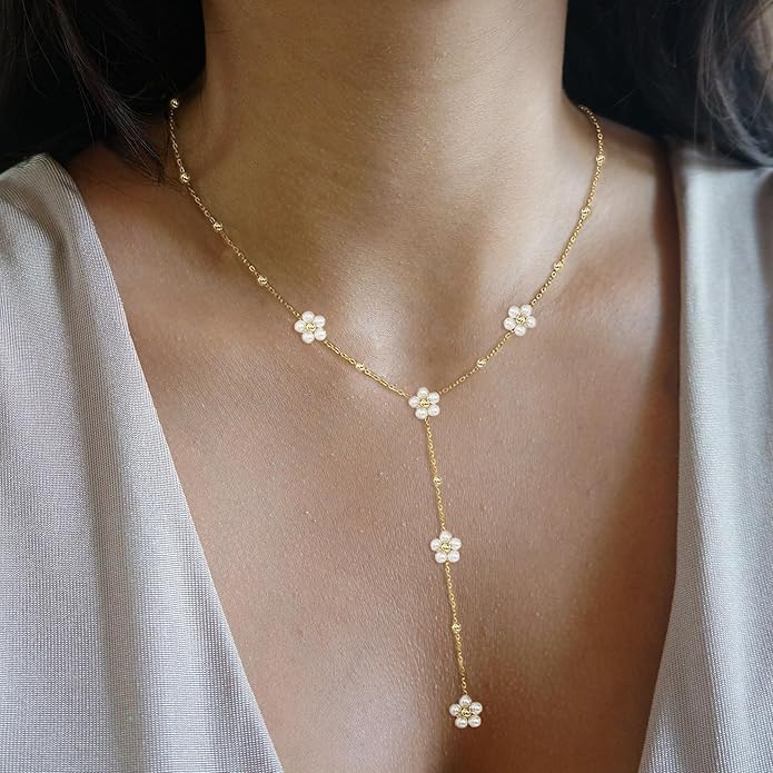 SmileBelle Pearl Necklaces for Women, Daisy Pearl Choker as Christmas Stocking Stuffers for Teens, Silver Daisy Pearls Jewelry Trendy Stuff Birthday Gifts 3 Pearls White Necklace as Wedding Jewelry