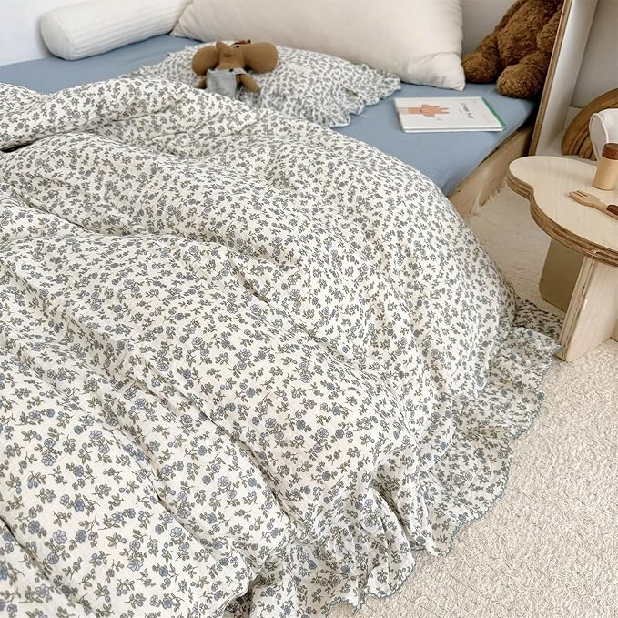 AOJIM Floral Print Duvet Cover 1PC for Kids and Adults, Super Soft Muslin Cotton Ruffled Comforter Cover Full Size 79X90'', Vintage Room Decor Breathable Durable Bedding Duvet Cover with Zipper, Blue
