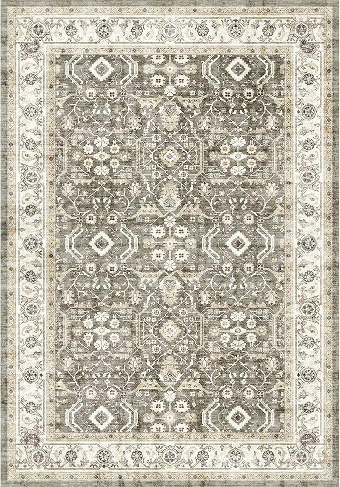 WITSHOCK Living Room Area Rugs 5x7: Washable Rug Boho Soft Non-Slip Low Pile Stain Resistant Foldable Carpet for Bedroom Playroom Dining Room Office Kitchen Farmhouse Home Decor Rug-Brown/Beige