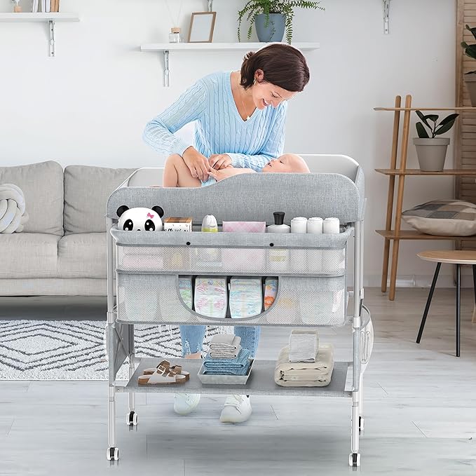Portable Baby Changing Table, Foldable Changing Table Dresser Baby Changing Station, Height Adjustable Waterproof Diaper Changing Table Pad Topper, Newborn Nursery Organizer
