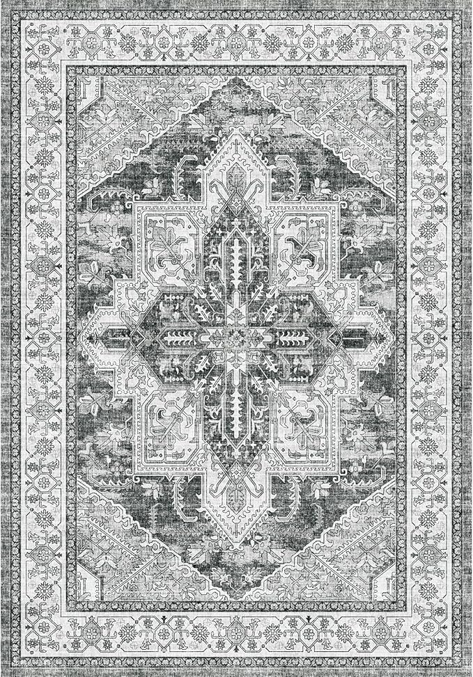 WITSHOCK Living Room Area Rugs 5x7: Washable Rug Boho Soft Non-Slip Low Pile Stain Resistant Foldable Carpet for Bedroom Playroom Dining Room Office Kitchen Farmhouse Home Decor Rug-Gray