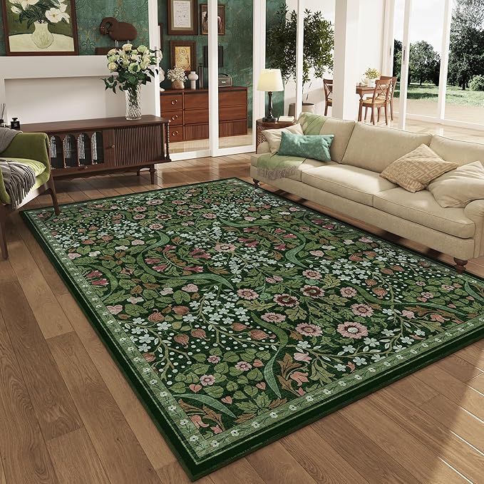 5x7 Green Floral Washable Area Rug for Living Room, Non-Slip Soft Vintage Boho Carpet, Botanical Forest Green Low Pile Rugs for Bedroom, Dinning Room, Home Office, Dorm, Nursery, Dark Green