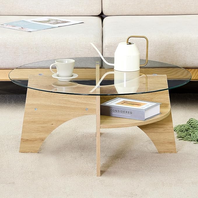 LKTART 31.5" Round Glass Coffee Table with Tempered Glass Top and MDF Base, Diagonal Fan-Shaped Tray Design Table Leg Simple & Modern Center Table for Living Room Office Apartment Wood
