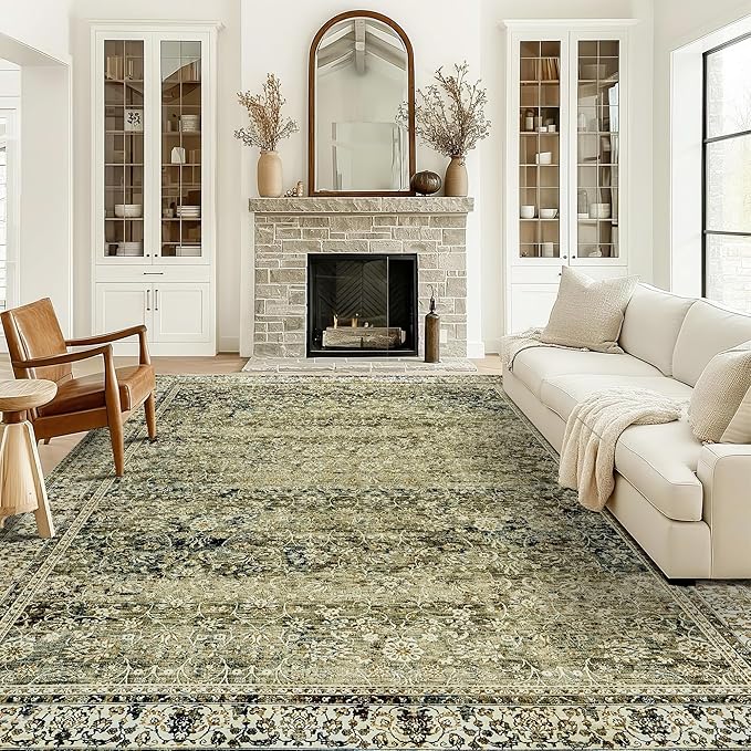 Olive and Tan Rug for Bedroom Neutral Boho Farmhouse Floral Washable Soft Faux Wool No Slip Area Rugs for Living Room Home Office,5x8