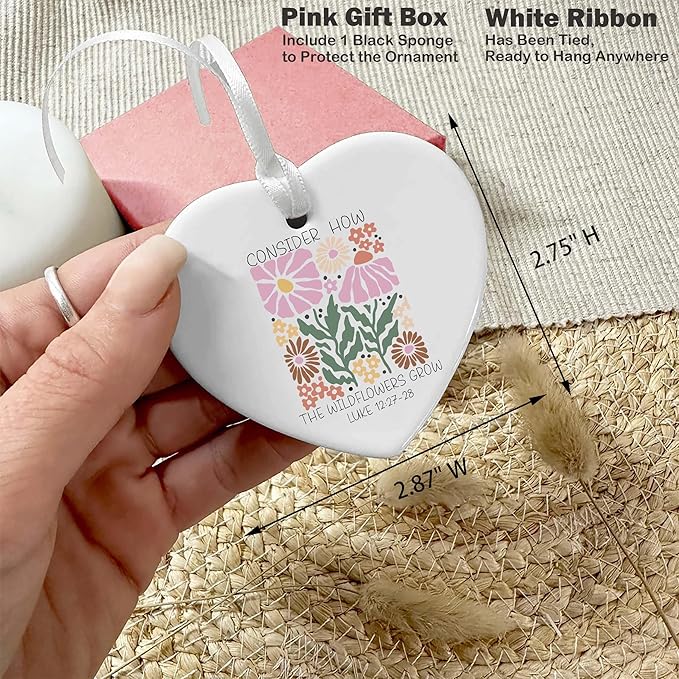 Heart Shaped Christmas Ornament-Christian Scripture Bible Verse Gift for Women Girls-Inspirational Affirmation Consider How The Wildflowers Grow Religious Ceramic Keepsake Decor