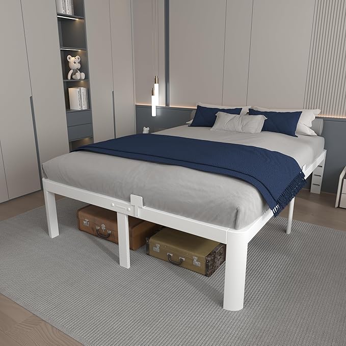 14 Inch White Full Size Bed Frame, Metal Bed Frame Full with Gaskets, No Box Spring Needed, Heavy Duty Steel Platform Supprt, Rounded Corner Design, Reserved Holes, Storage Space, Noise Free