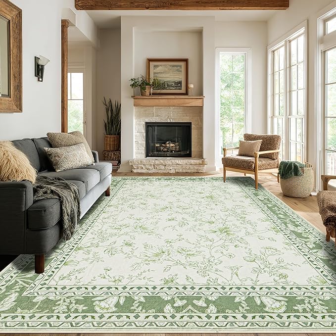 Green Boho 9x12 Rug Living Room Extra Large Washable Non Slip Soft Faux Wool Farmhouse Carpet for Bedroom Dining Room Playroom Cream Beige and Green Peony Lily Aesthetic Pattern Floral Area Rug