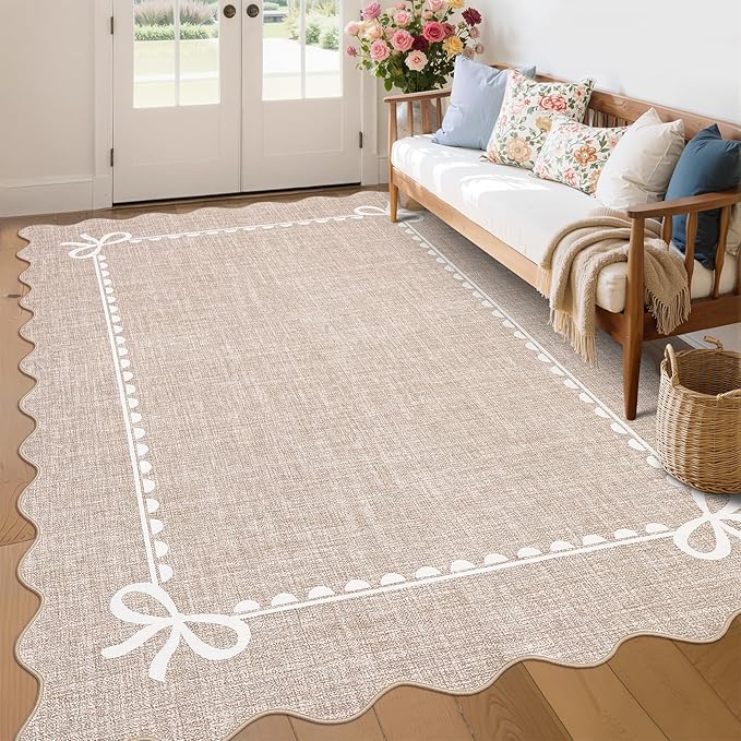GarveeHome Scalloped Bow Rug for Living Room, Solid Camel Rug for Dorm, Washable Rugs 9x12 Soft Low Pile Non Slip Scalloped Rugs for Nursery College Bedroom Decor Kids Room Playroom